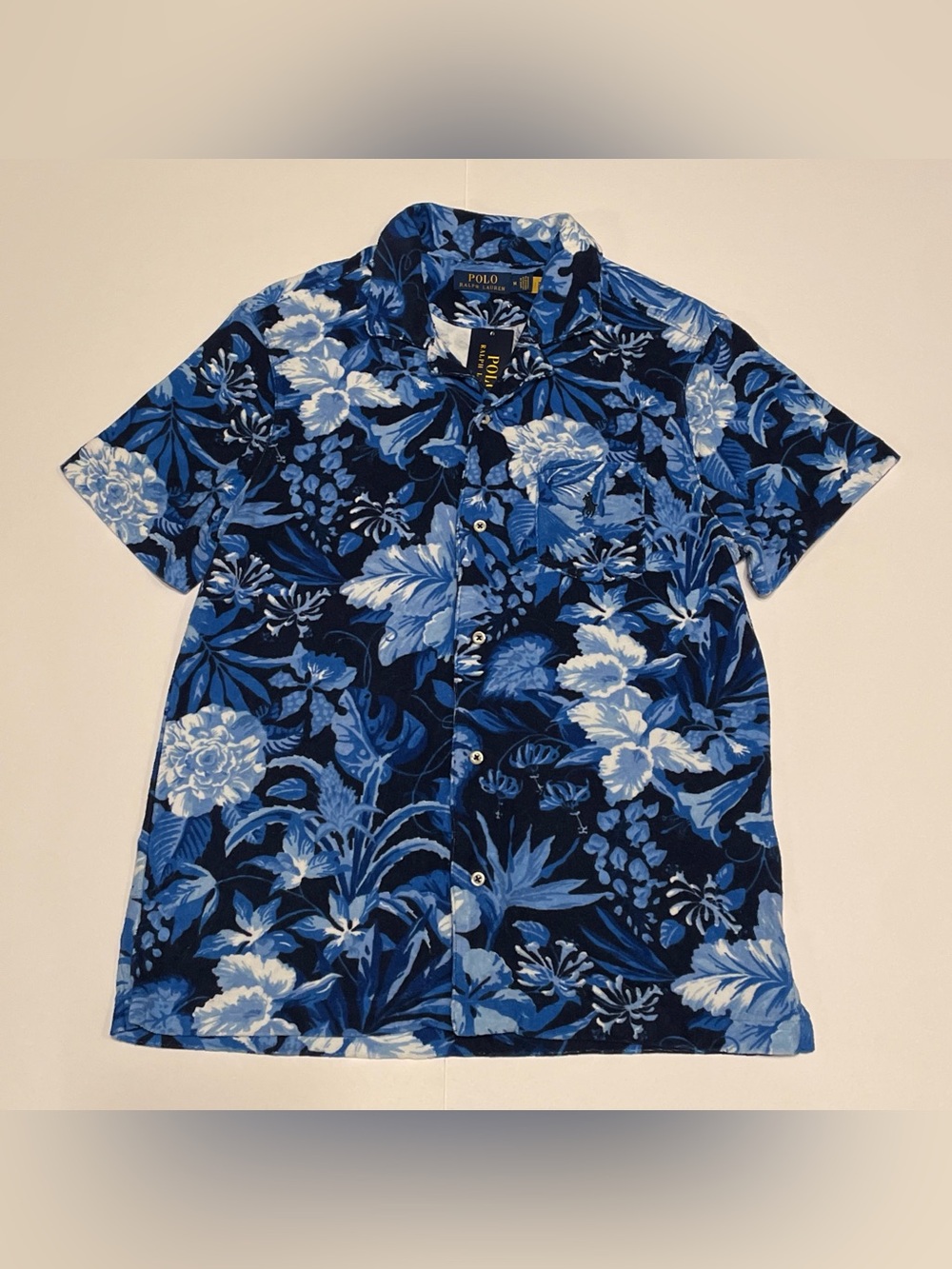 POLO RALPH LAUREN FLORAL HAWAIIAN TERRY SHORT SLEEVE BUTTON UP SHIRT (MEDIUM)